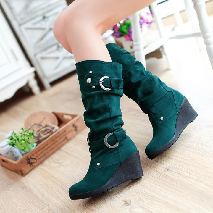 Women's buckle strap wedge heel mid calf boots