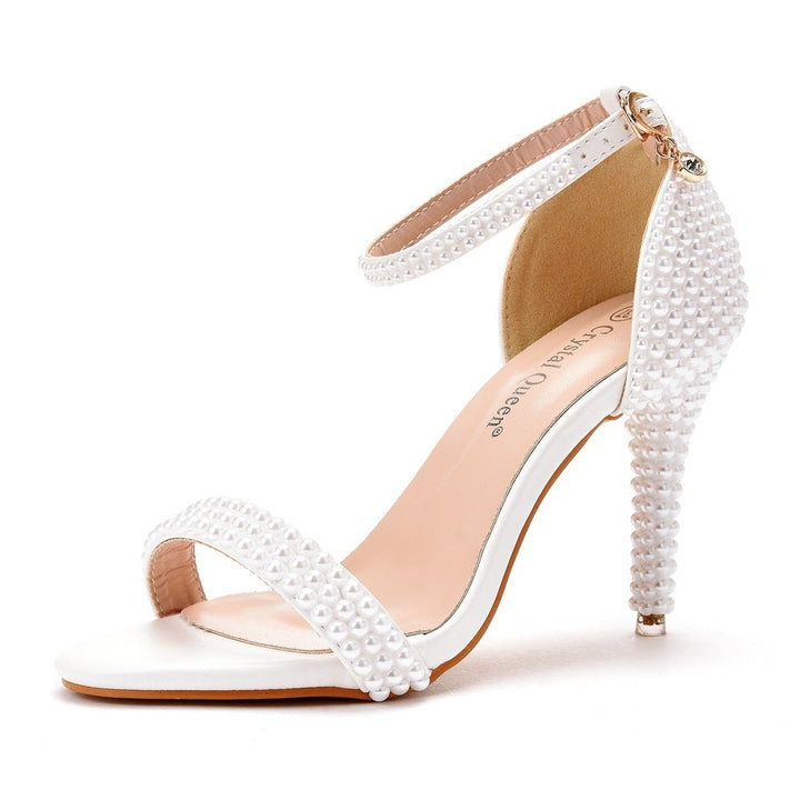 Pearls ankle strap wedding high heels one band party dress stiletto heels