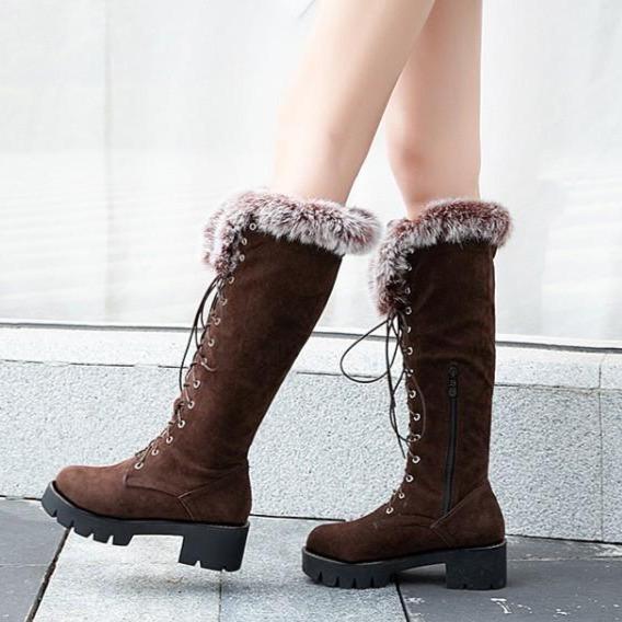 Winter warm lining fuzzy cuff front-lace chunky low heel knee high snow boots