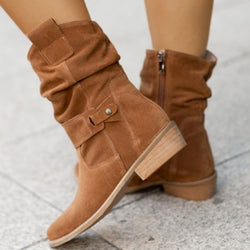 Faux suede low heel mid calf slouch boots