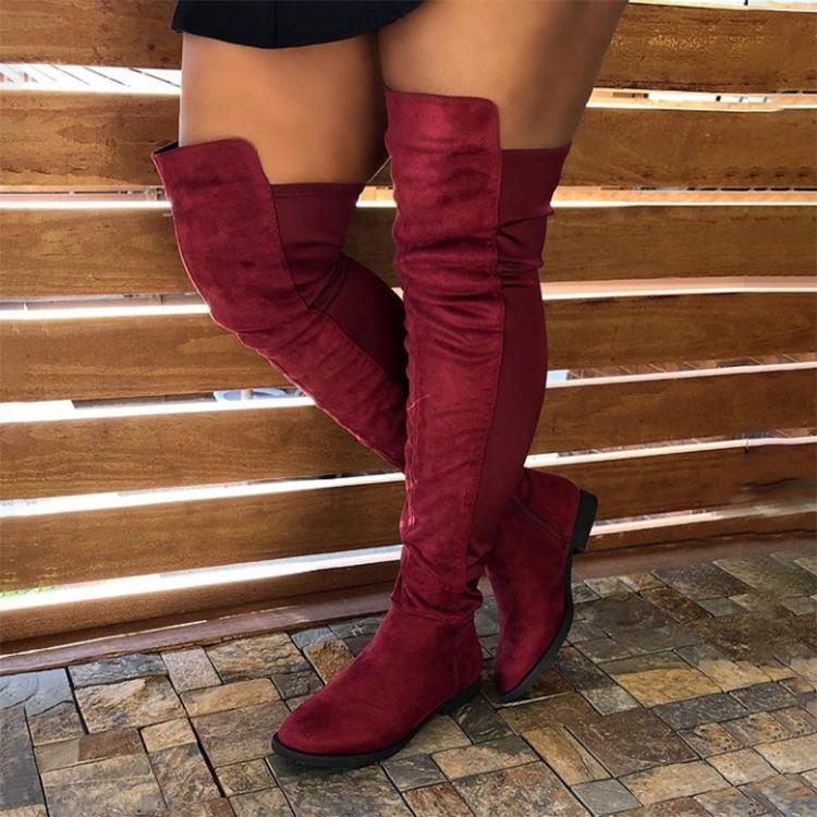 Women winter faux suede patchwork knee high low heel boots
