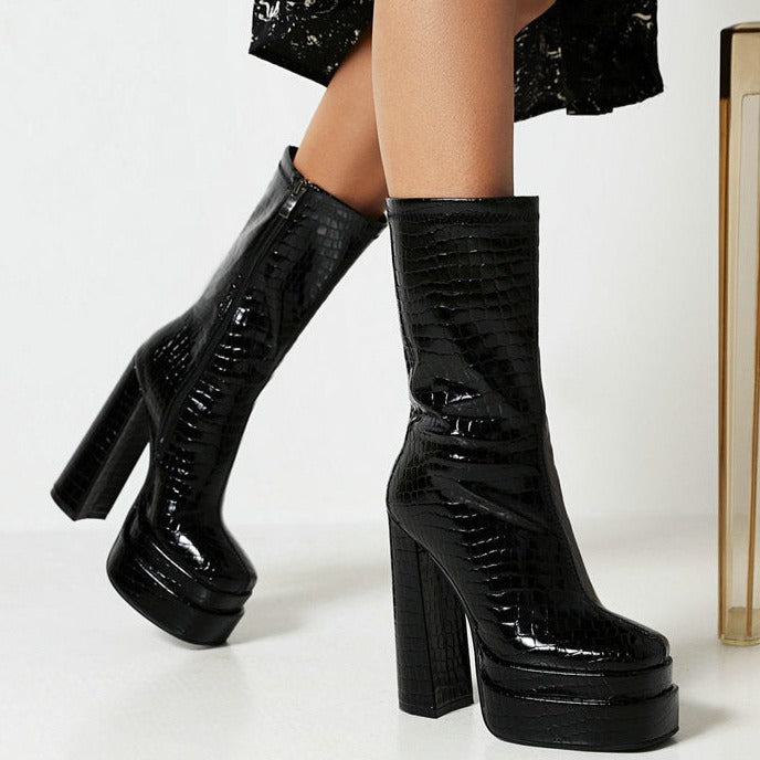 Women's black chunky heels platform mid calf boots | Fashion show high heel boots