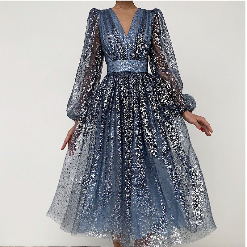 Lady's sexy sequins shining mesh belted midi dress | V neck wrap long sleeves evening cocktail party prom dress