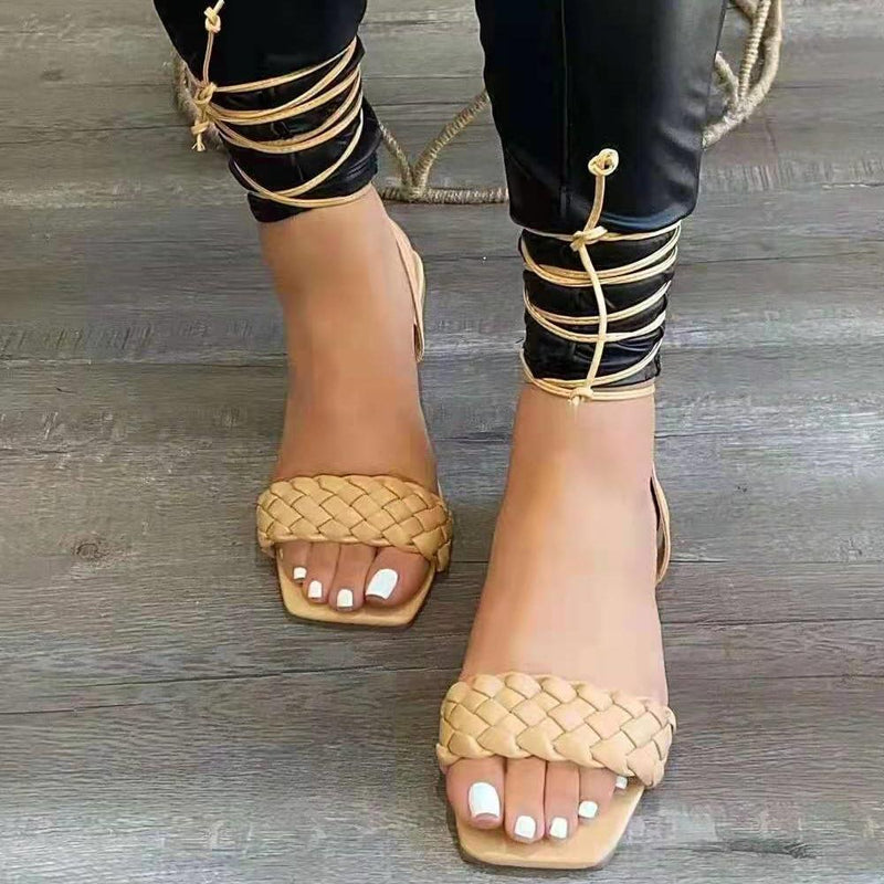 Women's flat woven peep toe lace-up sandals