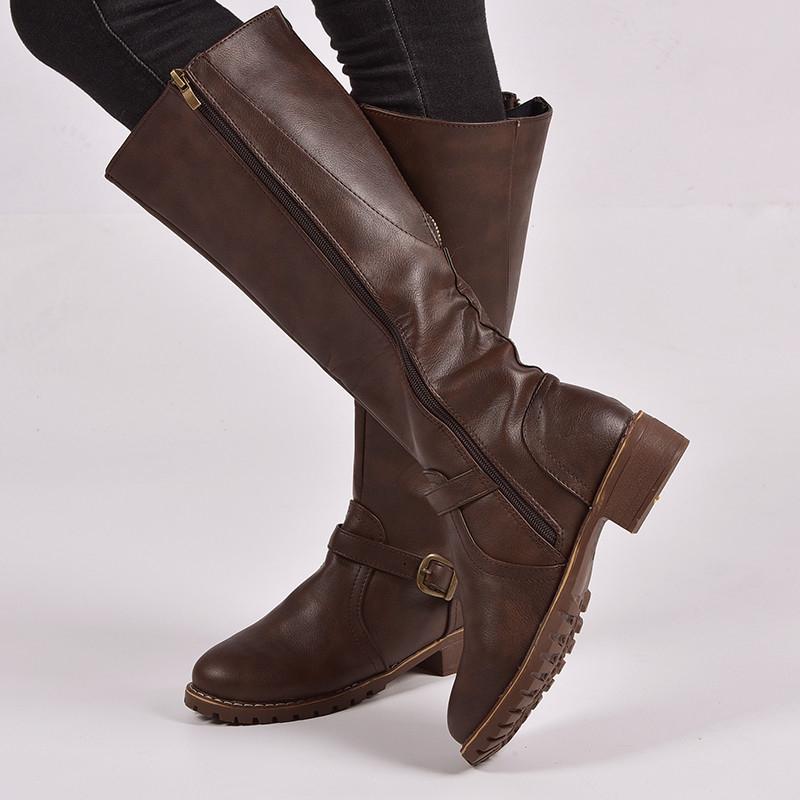 Women retro low heel knee high knight riding boots