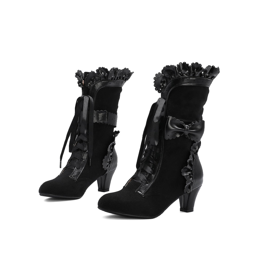 Women cute bowknot lace cuff front-lace mid calf dress boots