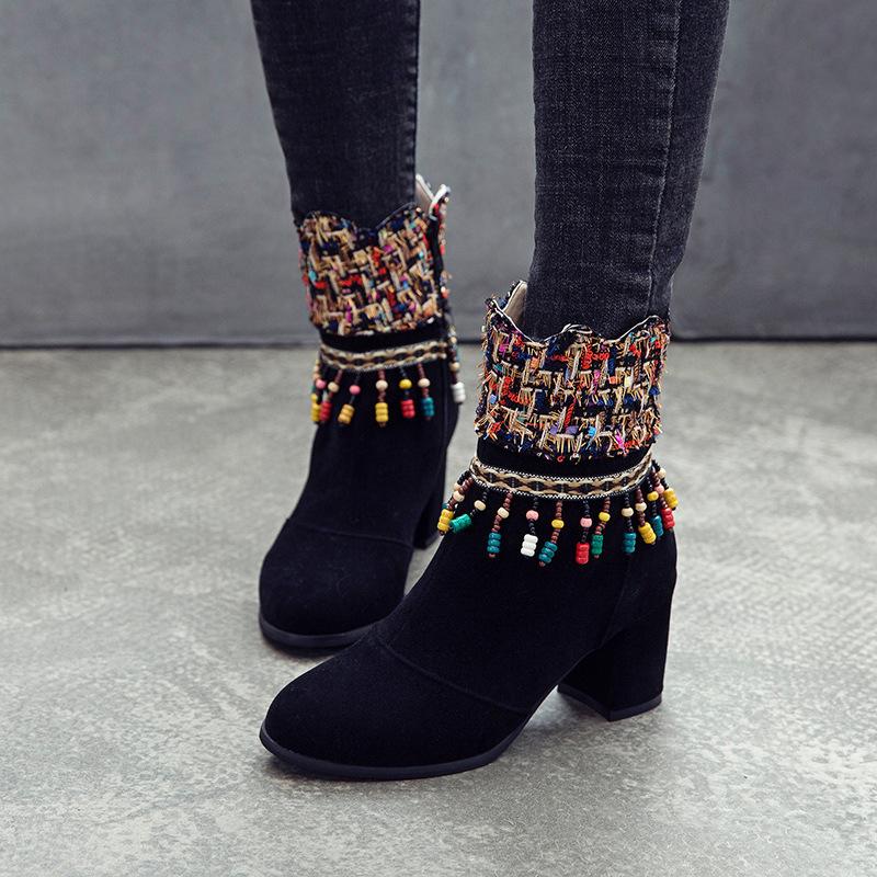 Women medium heel retro boots tassels ankle boots