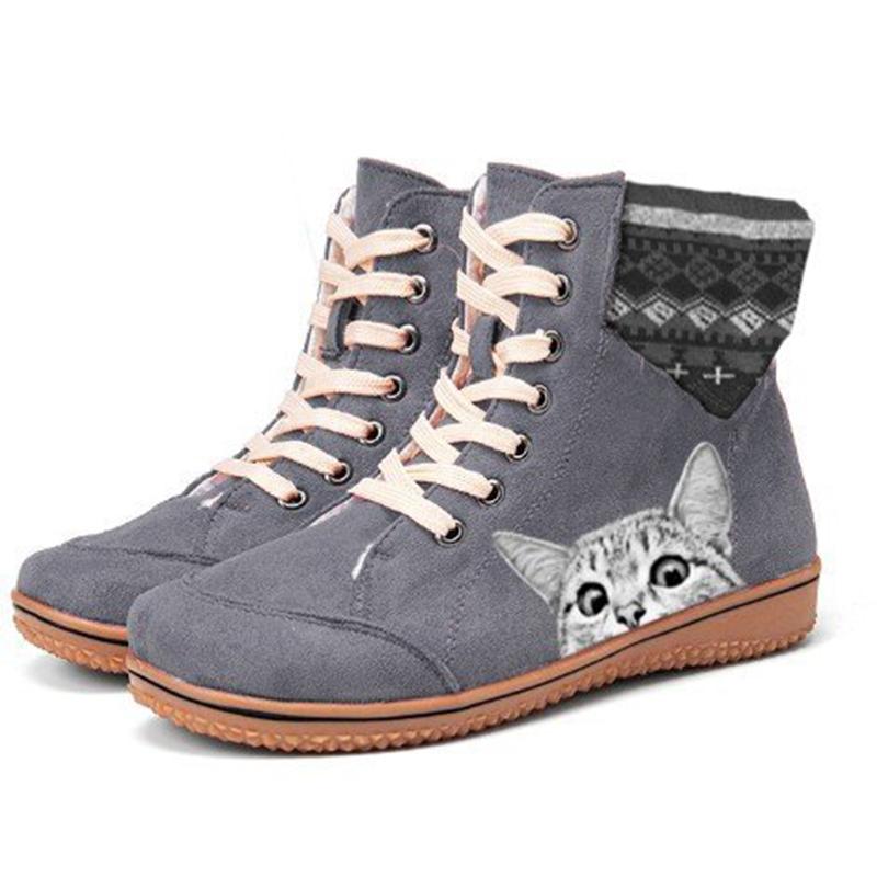 Women's cute cat print lace-up boots