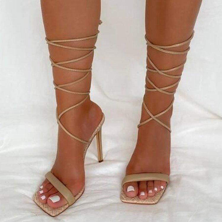 Women square peep toe slingback criss cross lace up strappy heels