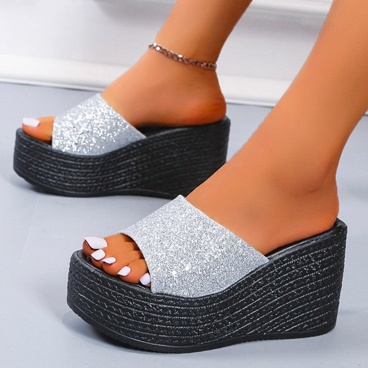 Rhinestone shining peep toe wedge heels slippers women's summer backless wedge slides