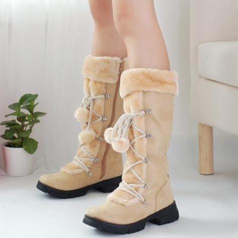 Plush poms lace-up snow boots for women
