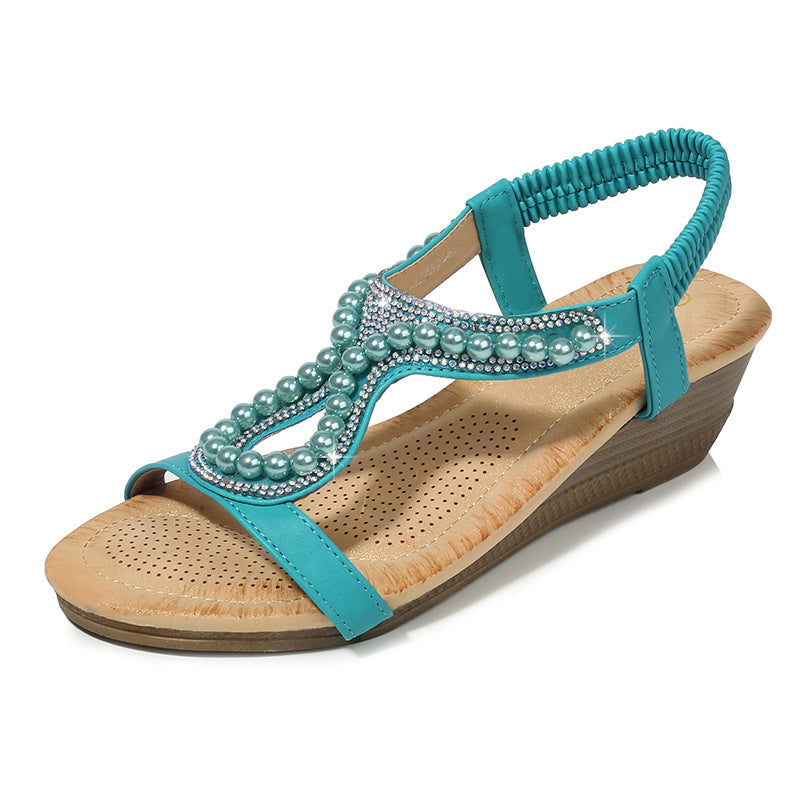 Bohemia pearls wedge sandals Open toe cute beach sandals elastic sandals