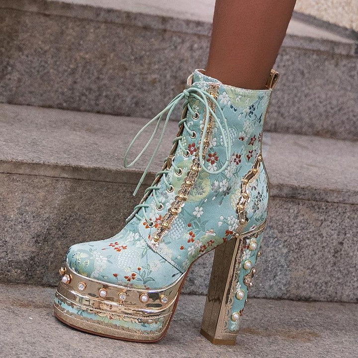 Women's luxury flower embroidery pearls chunky high heels booties lace-up ankle boots for party prom