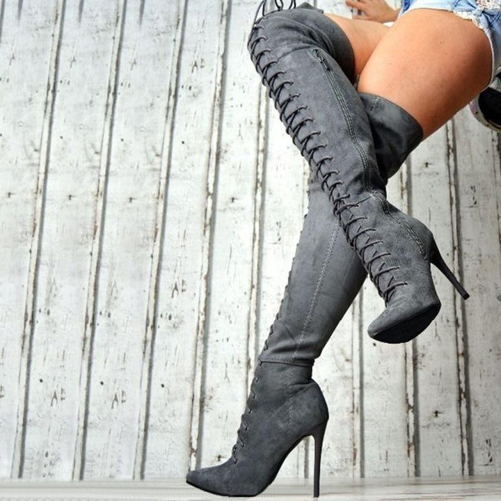 Women faux suede front lace over the knee stiletto thigh high boots