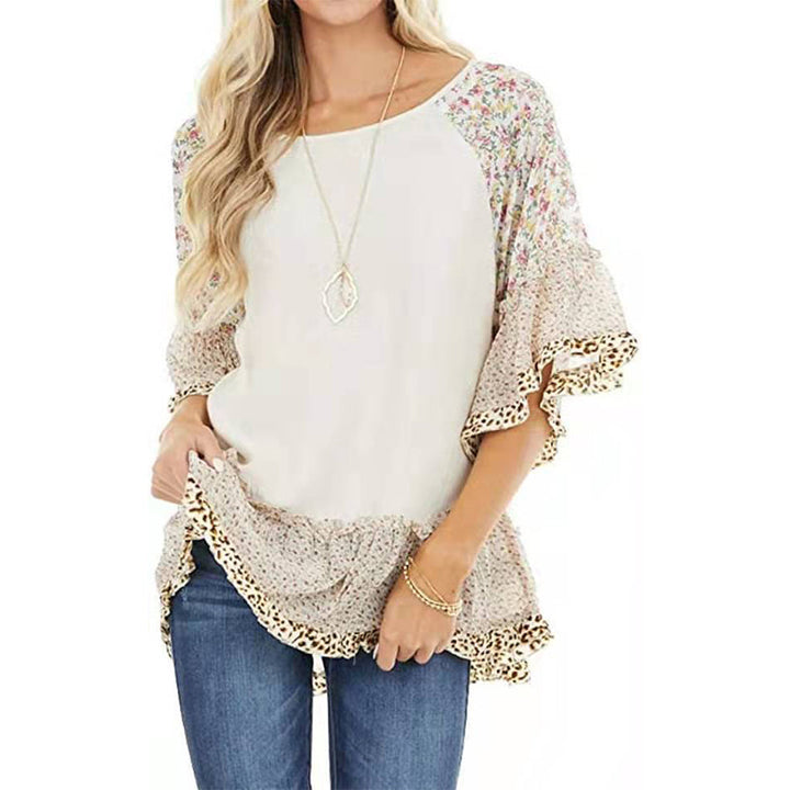 Women's floral printed half sleeves batwing sleeves tops spring summer ruffles pullovers tops