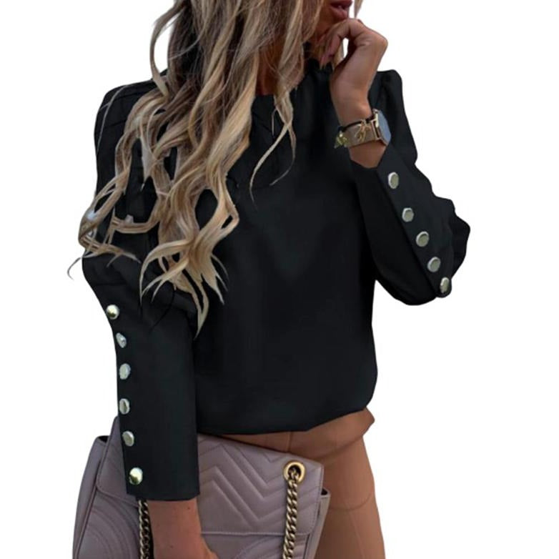 Women's metal button d¨¦cor long sleeves tops | Fall/winter pullover blouse