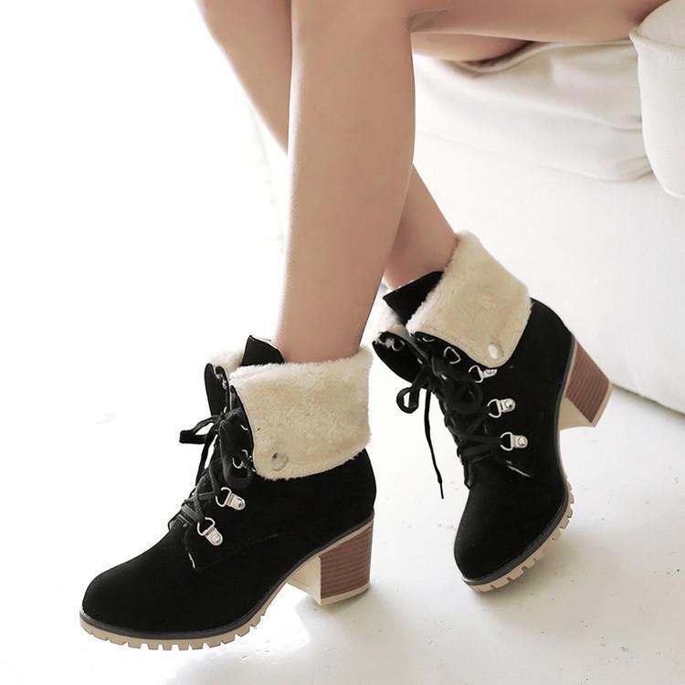 Women's plush fold-down cuff lace-up block heel ankle booties