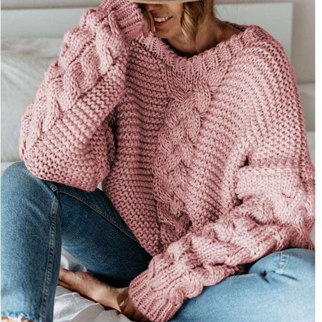 Women cable knit v neck chunky long sleeves sweater