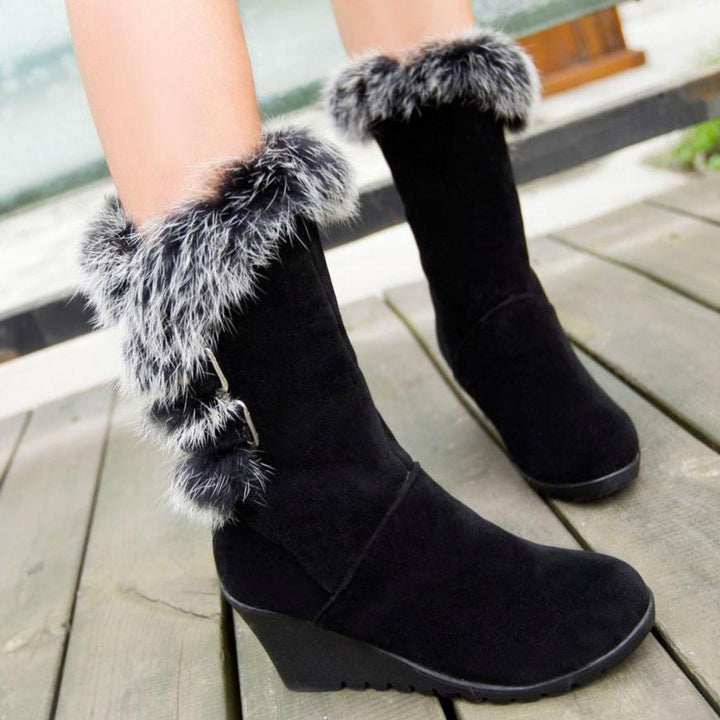 Women's fuzzy plush warm wedge heeled mid calf snow boots