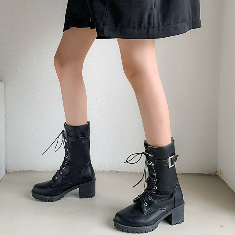 Block heel mid calf military comabt boots for female