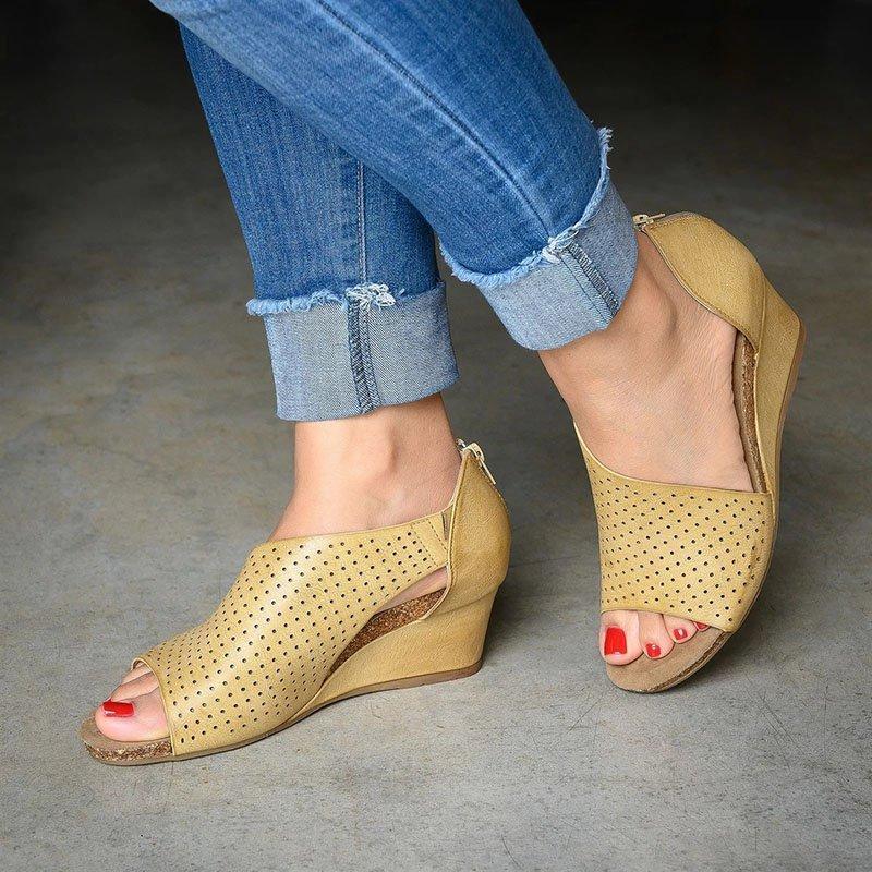 Side Cut-outs Slip On Hollow Wedge Sandals - fashionshoeshouse