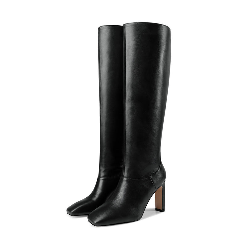 Women's high heeled knee high boots square toe wide calf boots