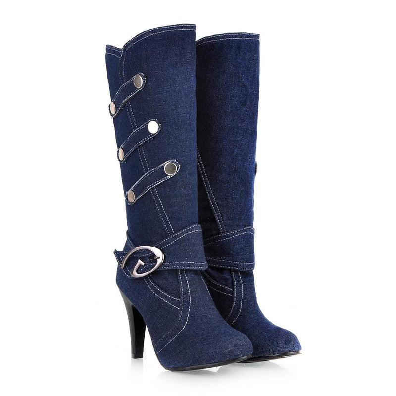 Women denim buckle straps high heel mid calf boots