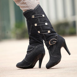 Women denim buckle straps high heel mid calf boots