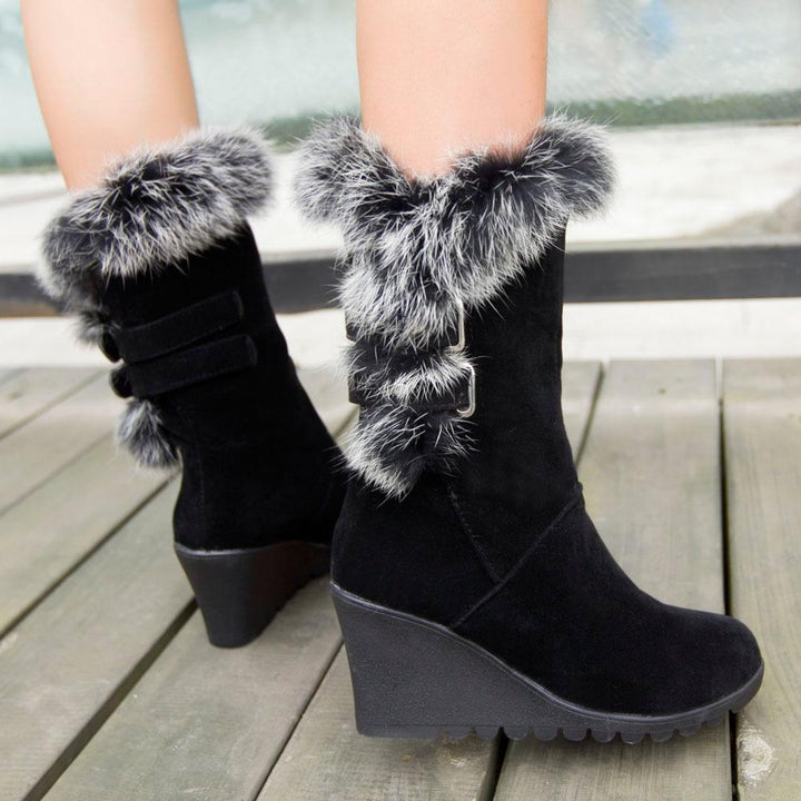 Women's fuzzy plush warm wedge heeled mid calf snow boots