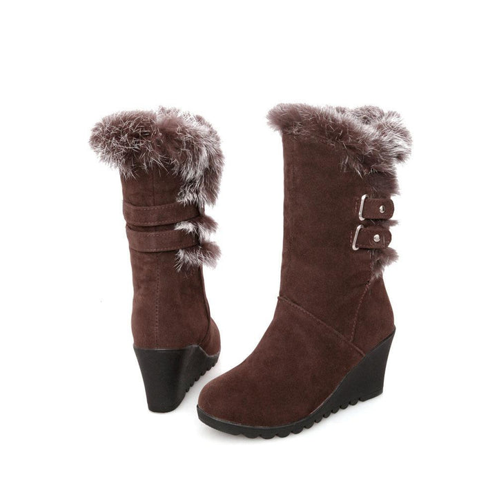 Women's fuzzy plush warm wedge heeled mid calf snow boots