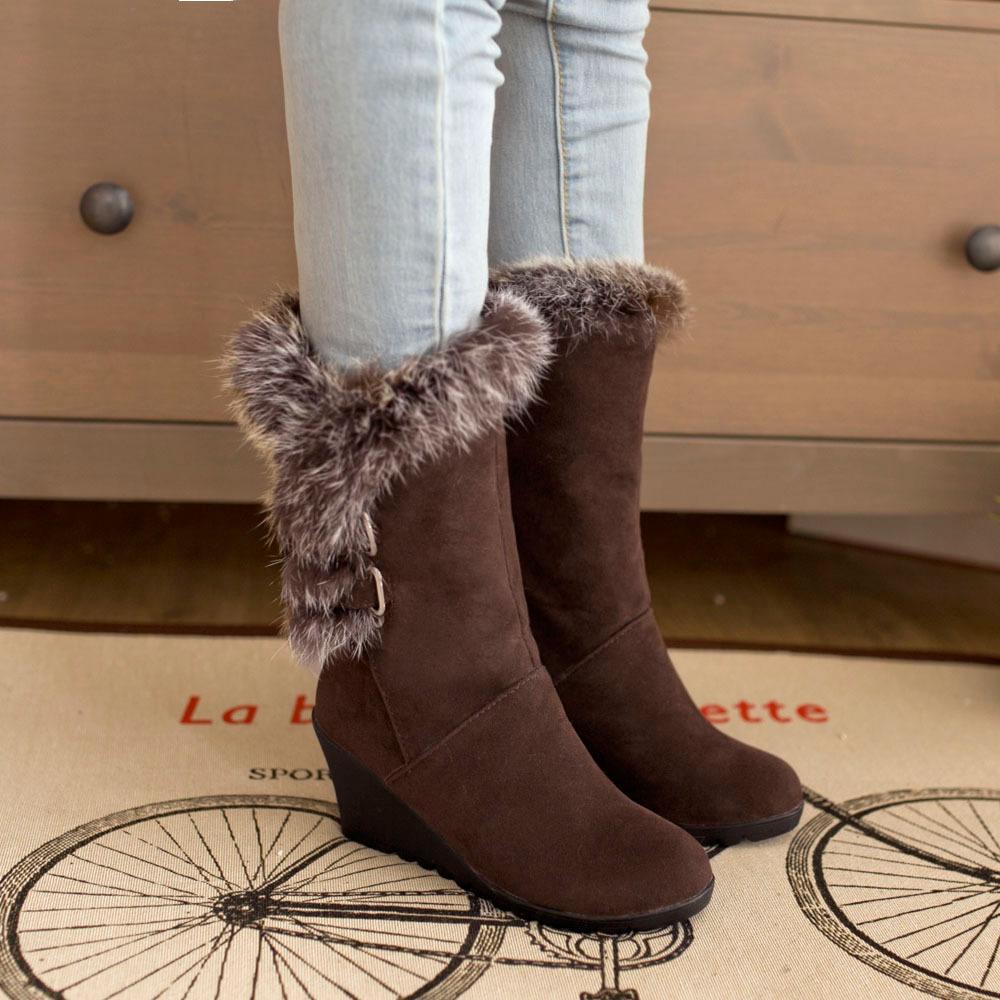 Women's fuzzy plush warm wedge heeled mid calf snow boots