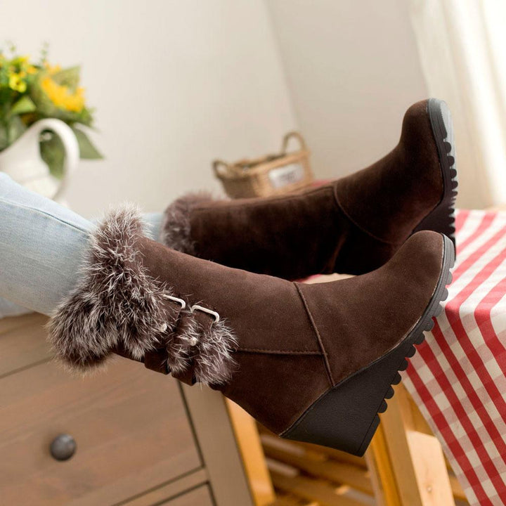 Women's fuzzy plush warm wedge heeled mid calf snow boots