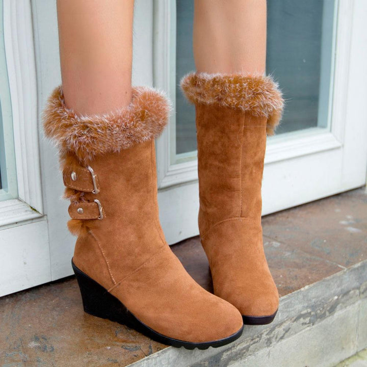 Women's fuzzy plush warm wedge heeled mid calf snow boots