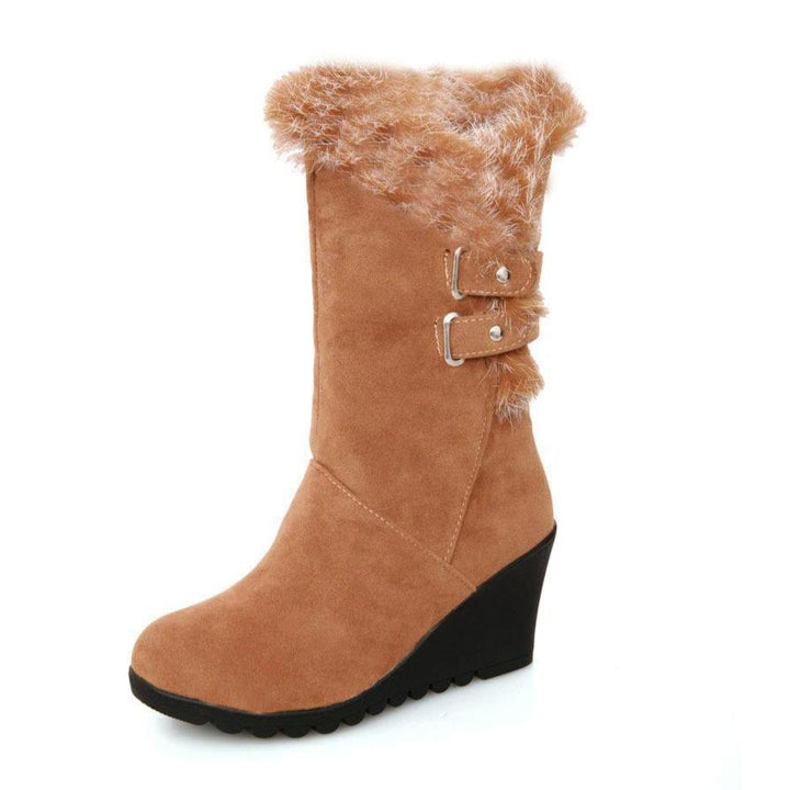 Women's fuzzy plush warm wedge heeled mid calf snow boots