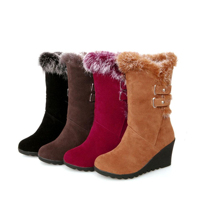 Women's fuzzy plush warm wedge heeled mid calf snow boots