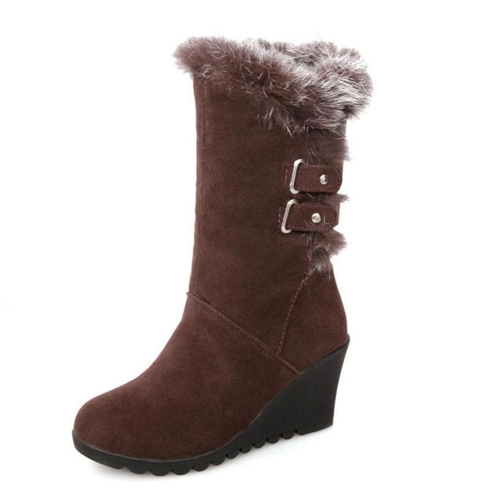 Women's fuzzy plush warm wedge heeled mid calf snow boots