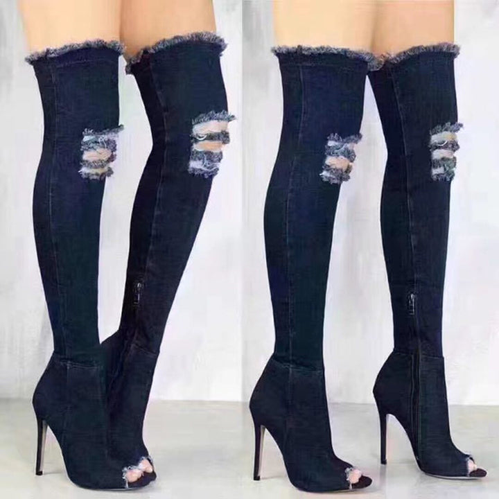 Women's denim peep toe over the knee high heeled boots elastic stiletto heeled zipper boots