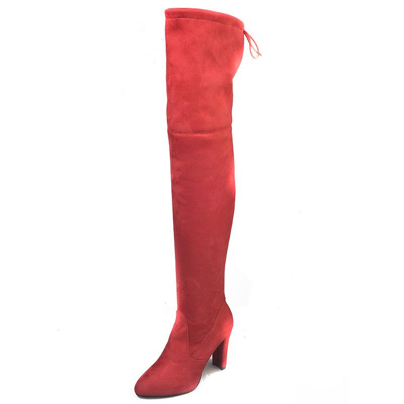 Women Elastic Zipper Pointed Toe Chunky Suede Over The Knee Boots - fashionshoeshouse