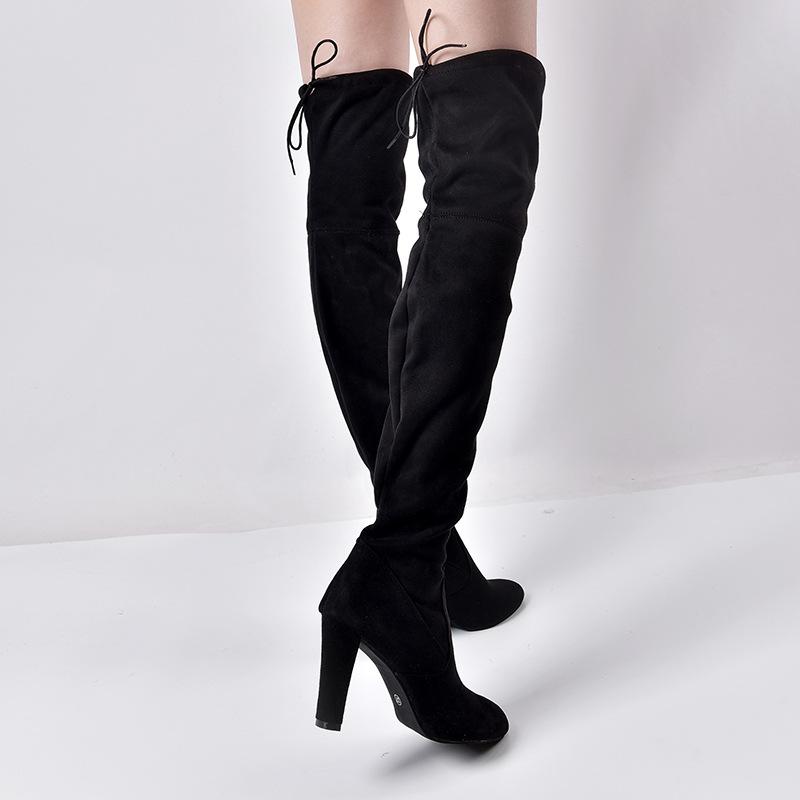 Women Elastic Zipper Pointed Toe Chunky Suede Over The Knee Boots - fashionshoeshouse