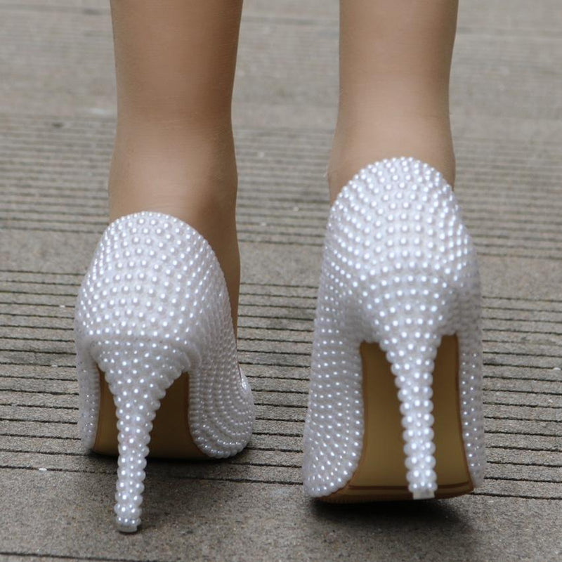 Women's white pearls 3.5 inch stiletto wedding pumps