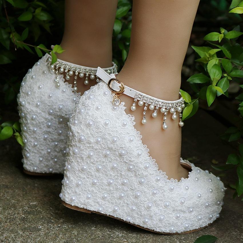 Women's lace pearls pumps closed toe platform wedge bridal shoes, 4.3"