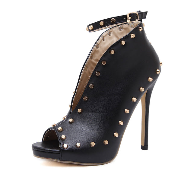 Black sexy v-cut peep toe rivets high heels summer stiletto heels booties