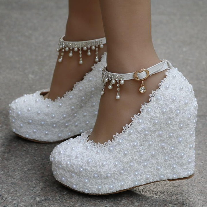 Women's lace pearls pumps closed toe platform wedge bridal shoes, 4.3"