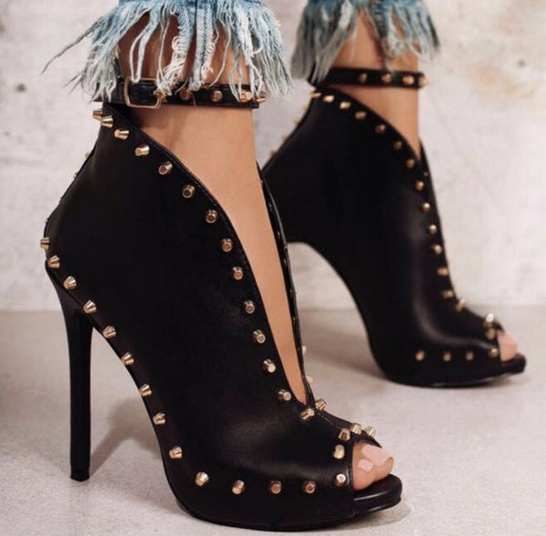Black sexy v-cut peep toe rivets high heels summer stiletto heels booties