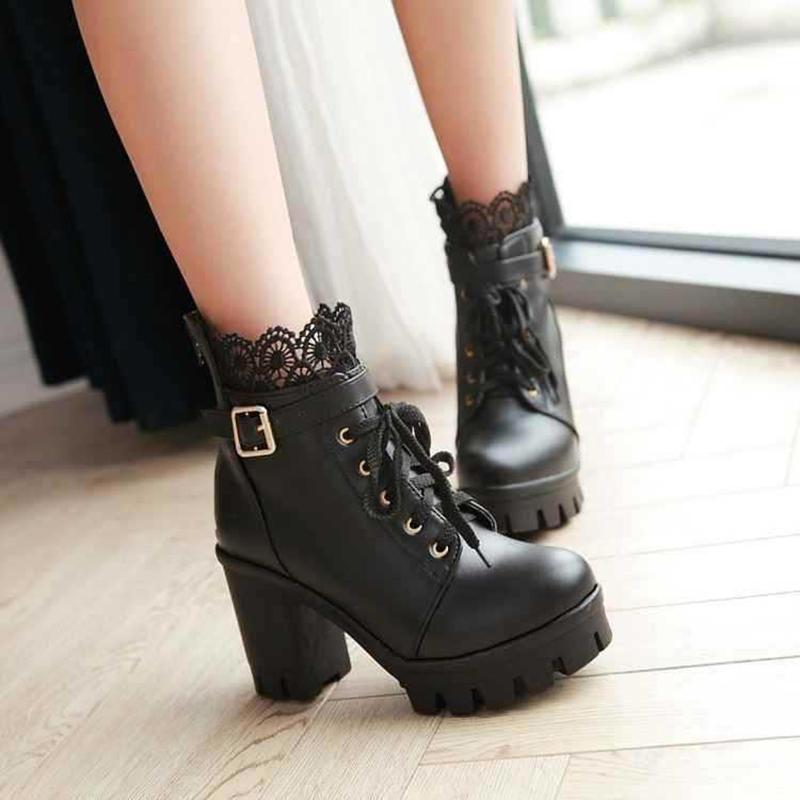 Ankle Strap Laces Chunky Heel England Style Lace Up Boots - fashionshoeshouse
