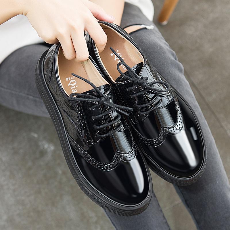 Women's classic lace-up thick platform brogue oxfords shoes PU patent leather dress shoes