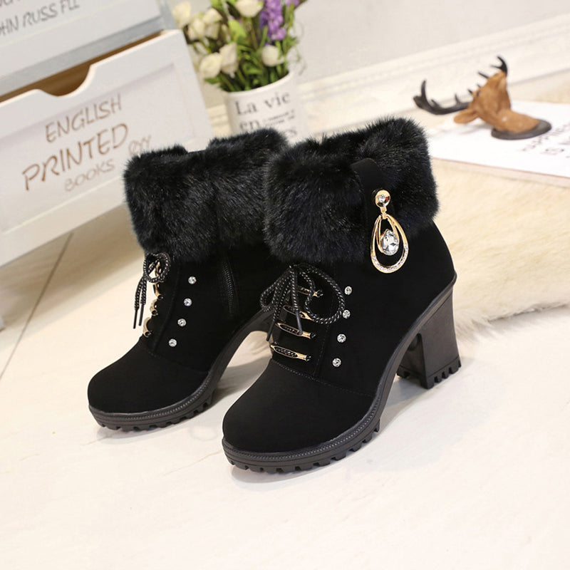 Women's fashion thick heeled fur trim anke boots zipper lace-up block heel boots