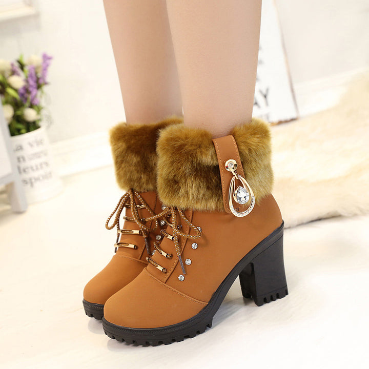 Women's fashion thick heeled fur trim anke boots zipper lace-up block heel boots