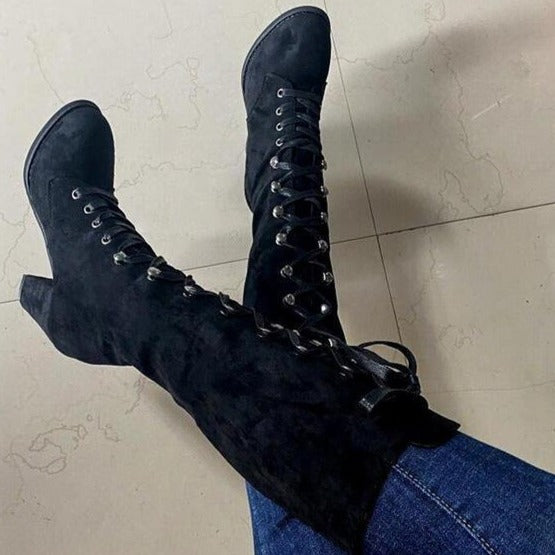 Women's vintage suede chunky block heel lace-up boots gothic steampunk boots