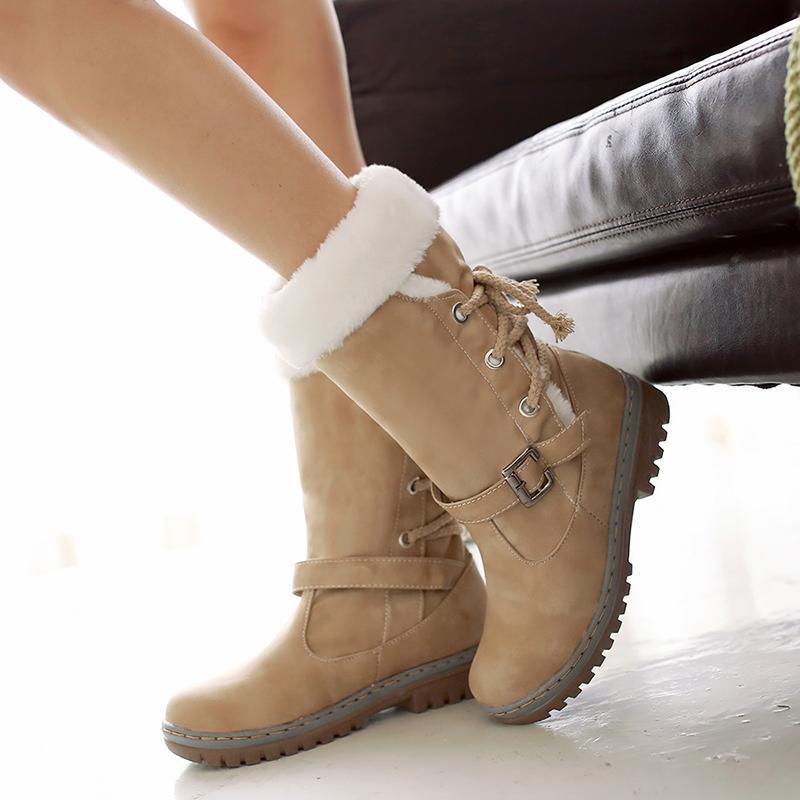 Mid Calf Boots Buckle Fur Lining Flat Snow Boots For Women - fashionshoeshouse